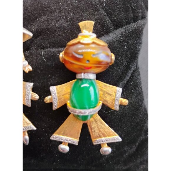 Vtg Asian Chinese Boy & Girl Brooch Pin Set Glass Faux Malachite & Tiger Eye - Picture 3 of 5